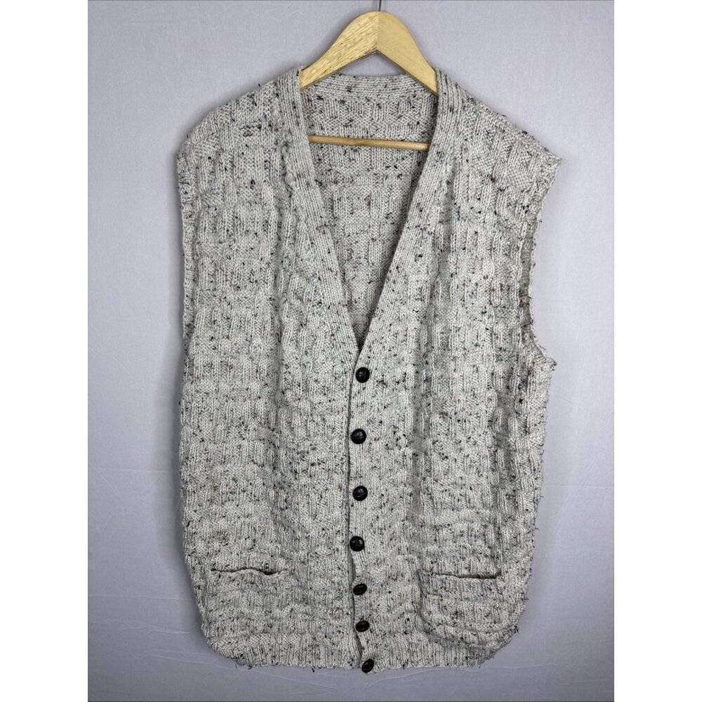 Vintage Hand-Knit Speckled Wool Button Front Sweater Vest Beige Men’s XL